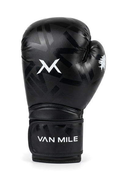 VAN MILE Monogram Boxing Gloves in Black & White – single glove, three-quarter view