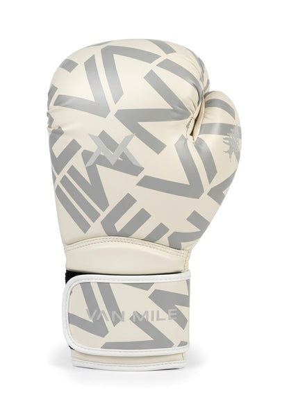 VAN MILE Monogram Boxing Gloves in White & Grey – single glove, three-quarter view