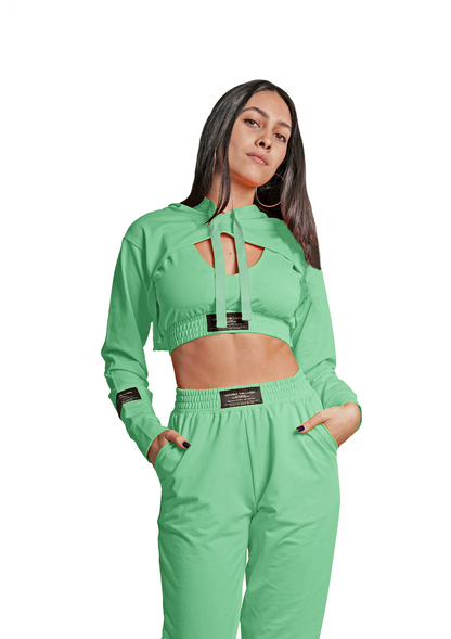 Women's VAN MILE Lounge Cropped Hoodie in Mint Green – front view, worn with matching joggers