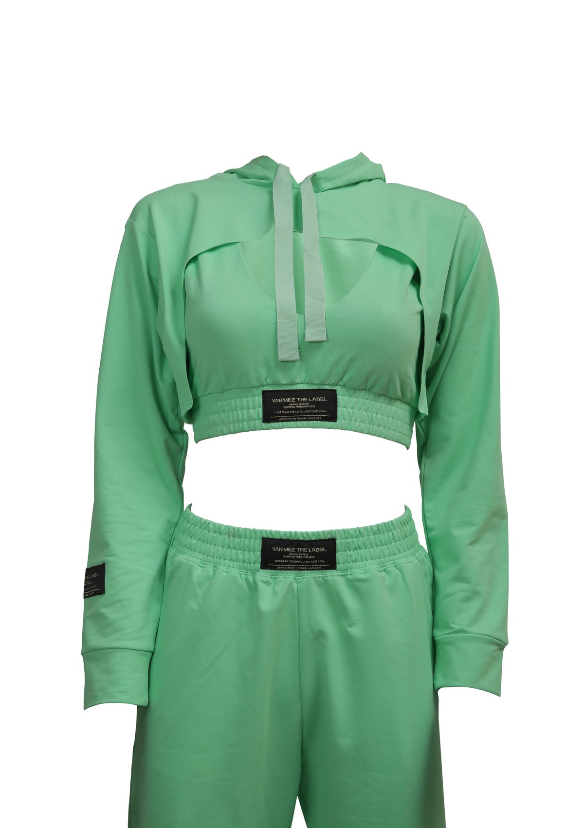 Women's VAN MILE Lounge Cropped Hoodie in Mint Green – front view, shown with matching joggers