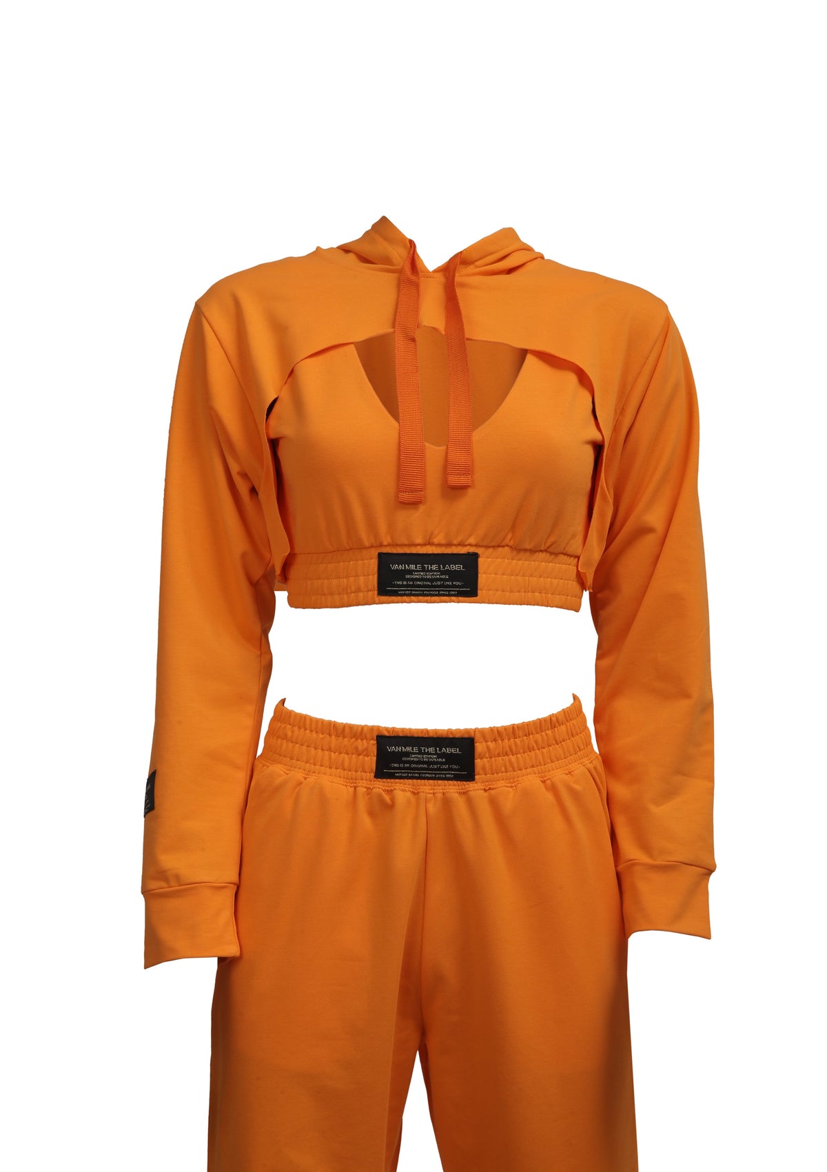 Women's VAN MILE Lounge Cropped Hoodie in Melon Orange – front view, shown with matching joggers