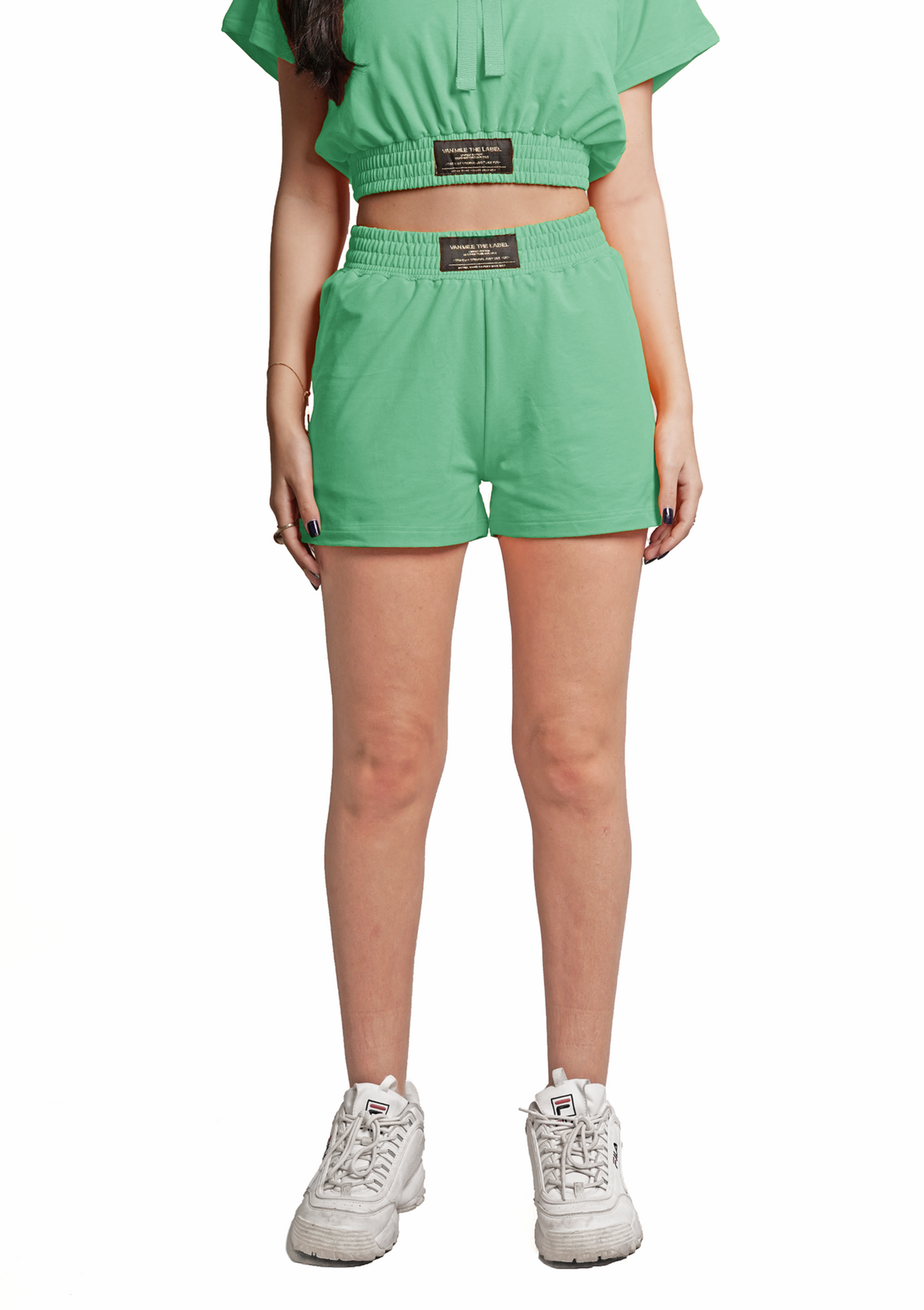 Women's VAN MILE Lounge Shorts in Mint Green – front view, worn with matching crop top hoodie