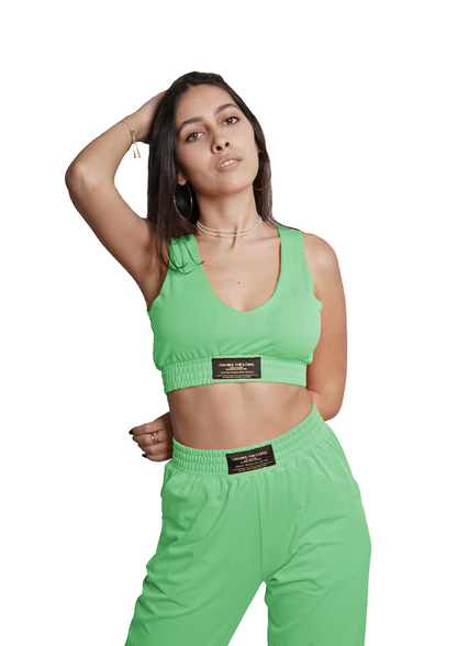 Women's VAN MILE Lounge Bra in Mint Green – front view, worn with matching bottoms