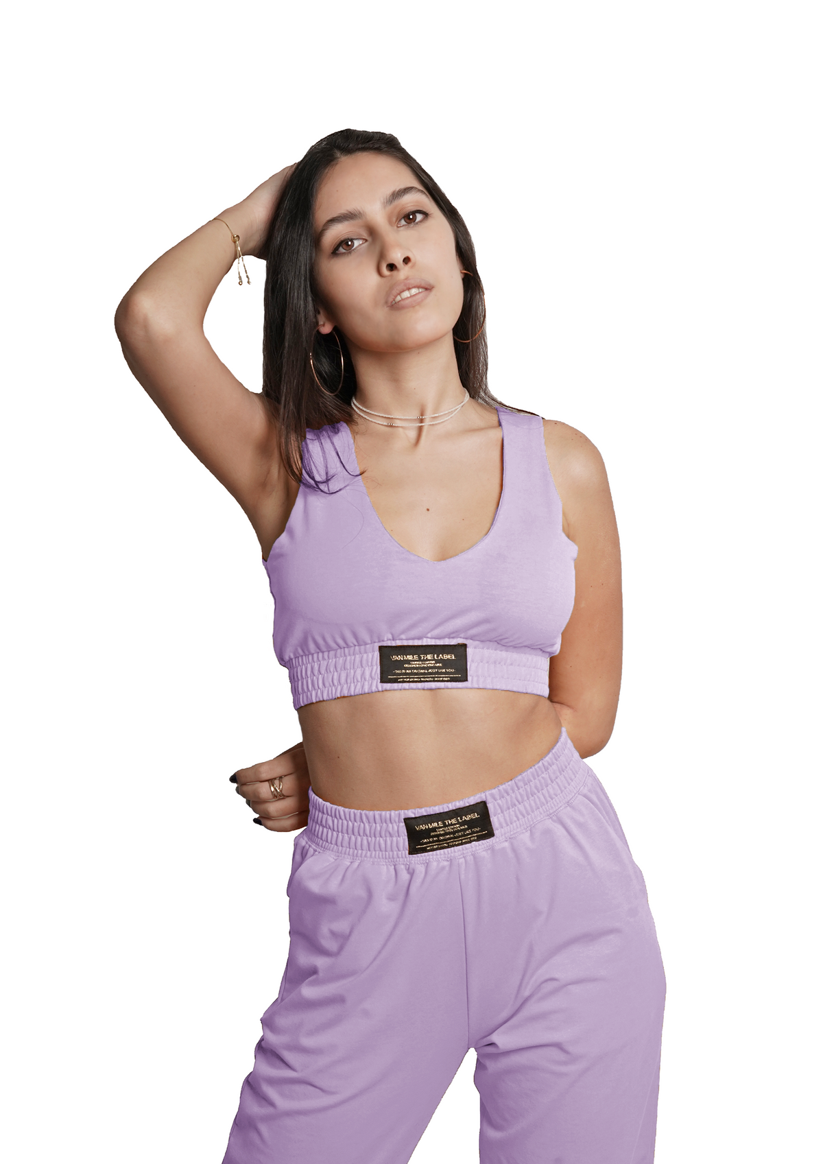 Women's VAN MILE Lounge Bra in Lilac – front view, worn with matching joggers