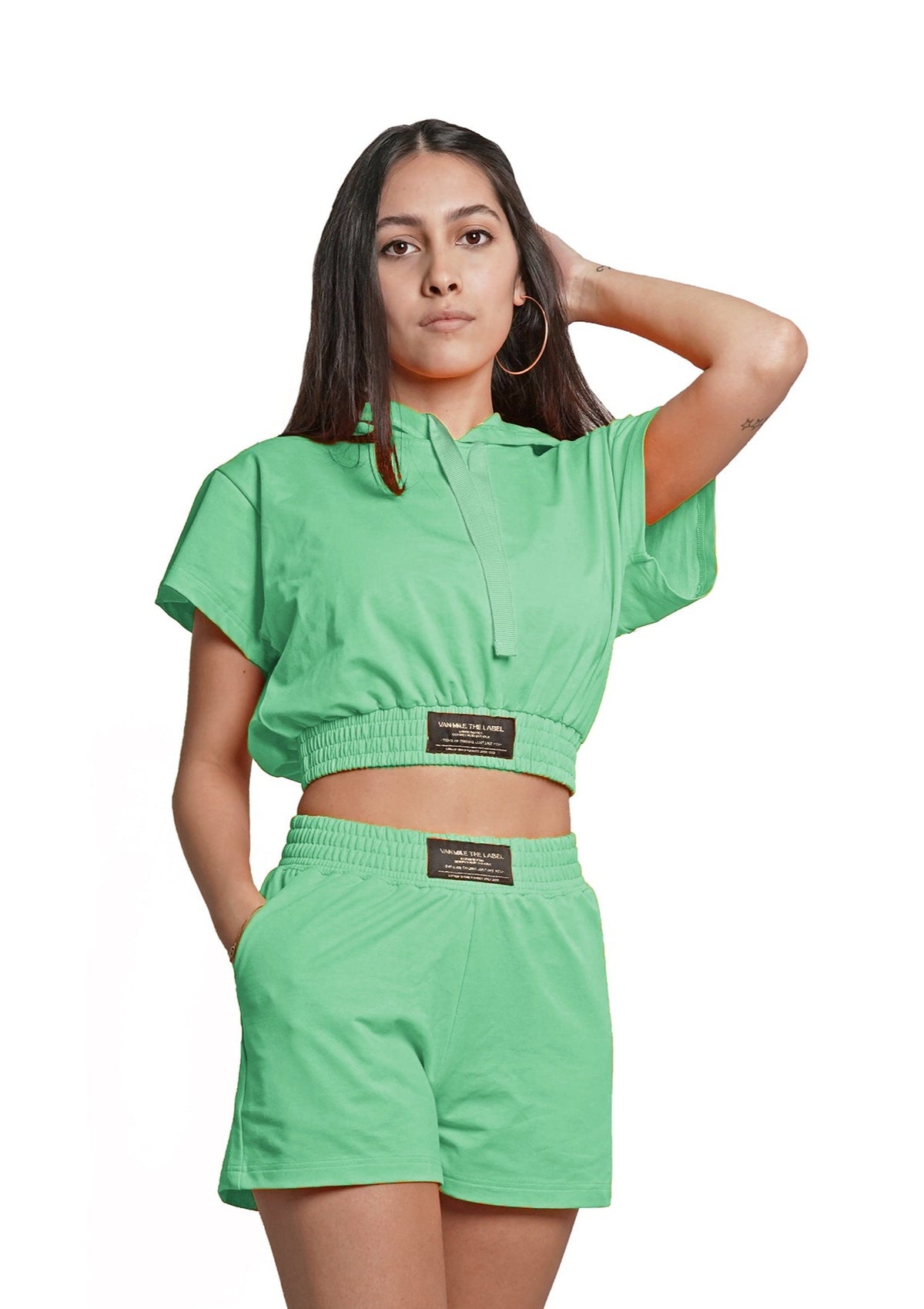 Women's VAN MILE Lounge Crop Top Hoodie in Mint Green – front view, worn with matching shorts