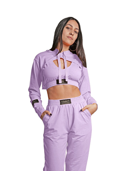 Women's VAN MILE Lounge Cropped Hoodie in Lilac – front view, worn with matching joggers