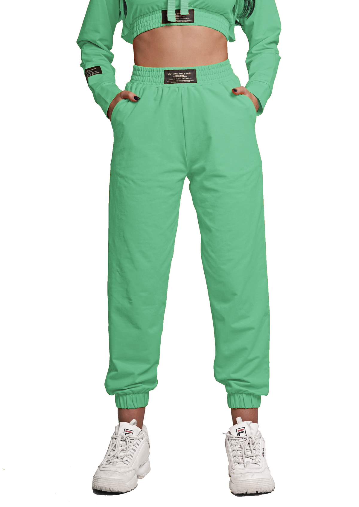 Women's VAN MILE Lounge Joggers in Mint Green – front view, shown with matching cropped top