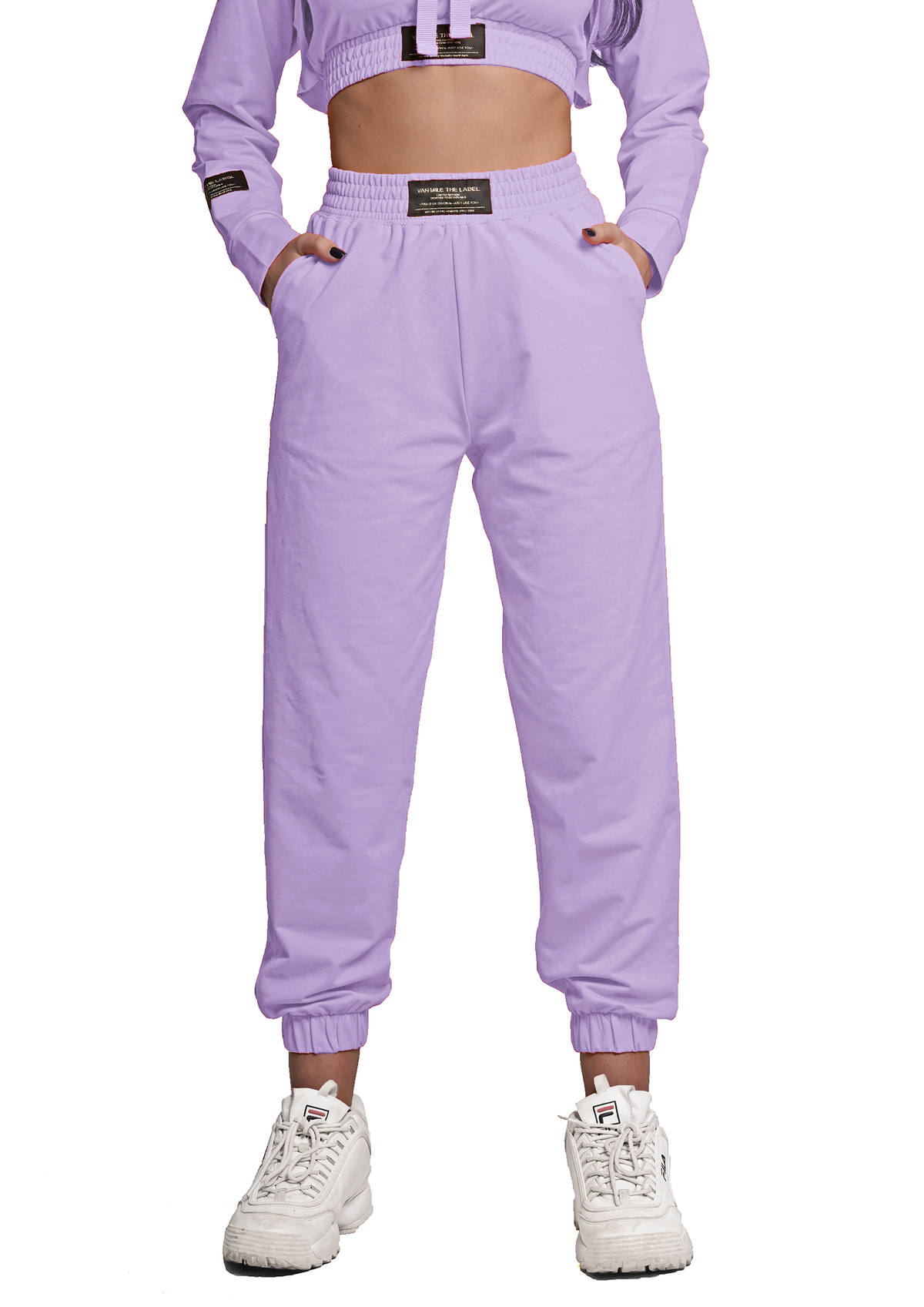 Women's VAN MILE Lounge Joggers in Lilac – front view, shown with matching cropped top