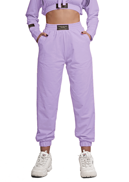 Women's VAN MILE Lounge Joggers in Lilac – front view, shown with matching cropped top