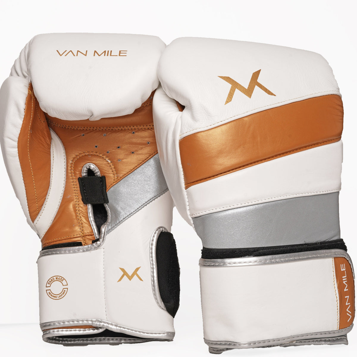 VAN MILE ELITE Boxing Gloves in White/Silver/Orange – pair shown